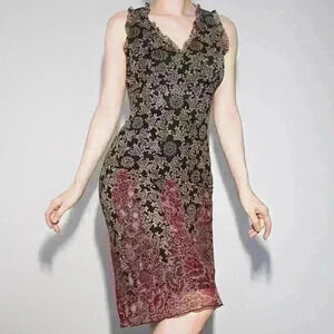Vintage burgundy  and black floral ruffled midi bodycon dress